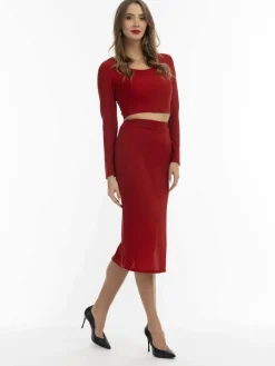 Faina Röcke*Damen Bleistiftrock in Glitzer-Optik rot uni