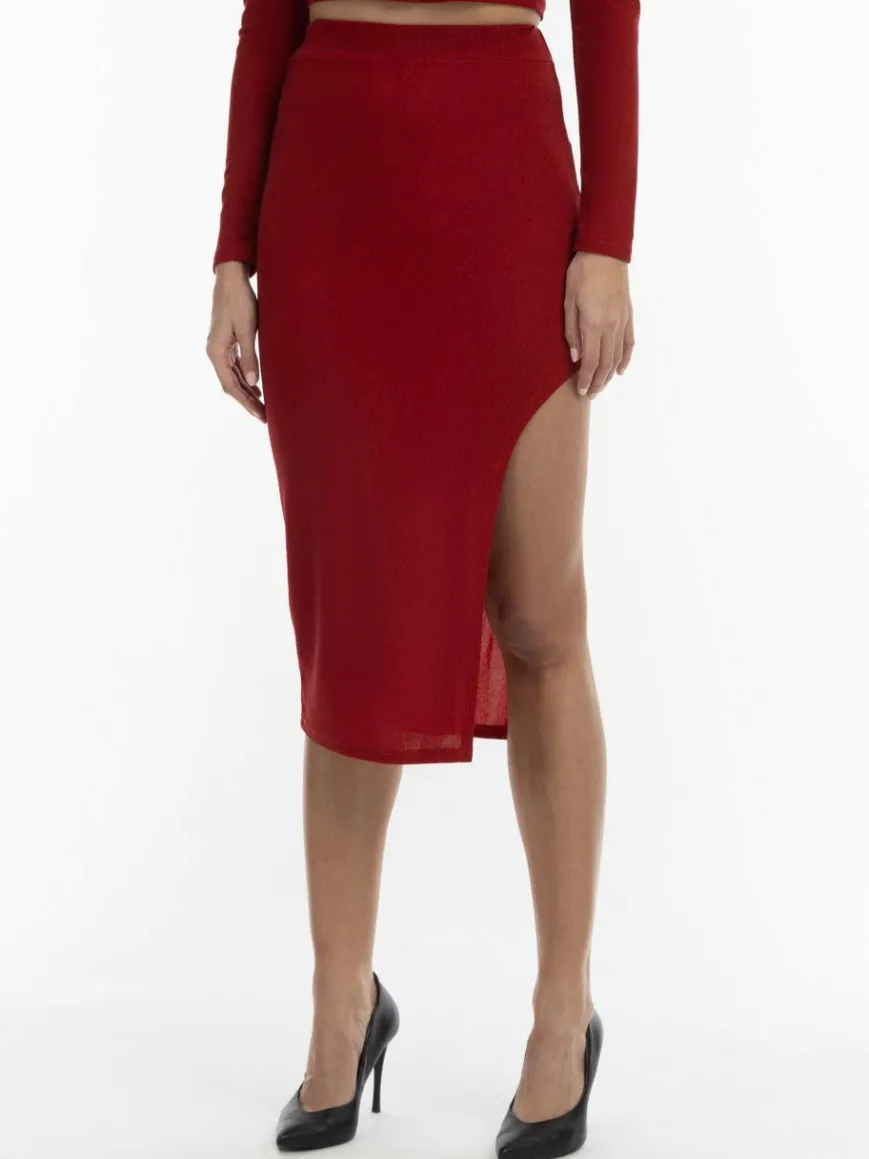 Faina Röcke*Damen Bleistiftrock in Glitzer-Optik rot uni