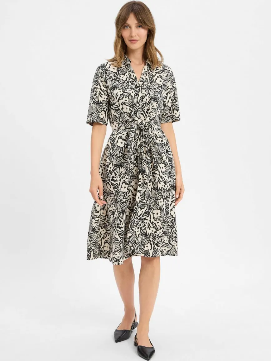 Tommy Hilfiger Kleider*Damen Blusenkleid mit Leinen-Anteil beige schwarz gemustert