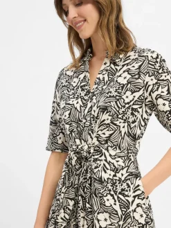 Tommy Hilfiger Kleider*Damen Blusenkleid mit Leinen-Anteil beige schwarz gemustert