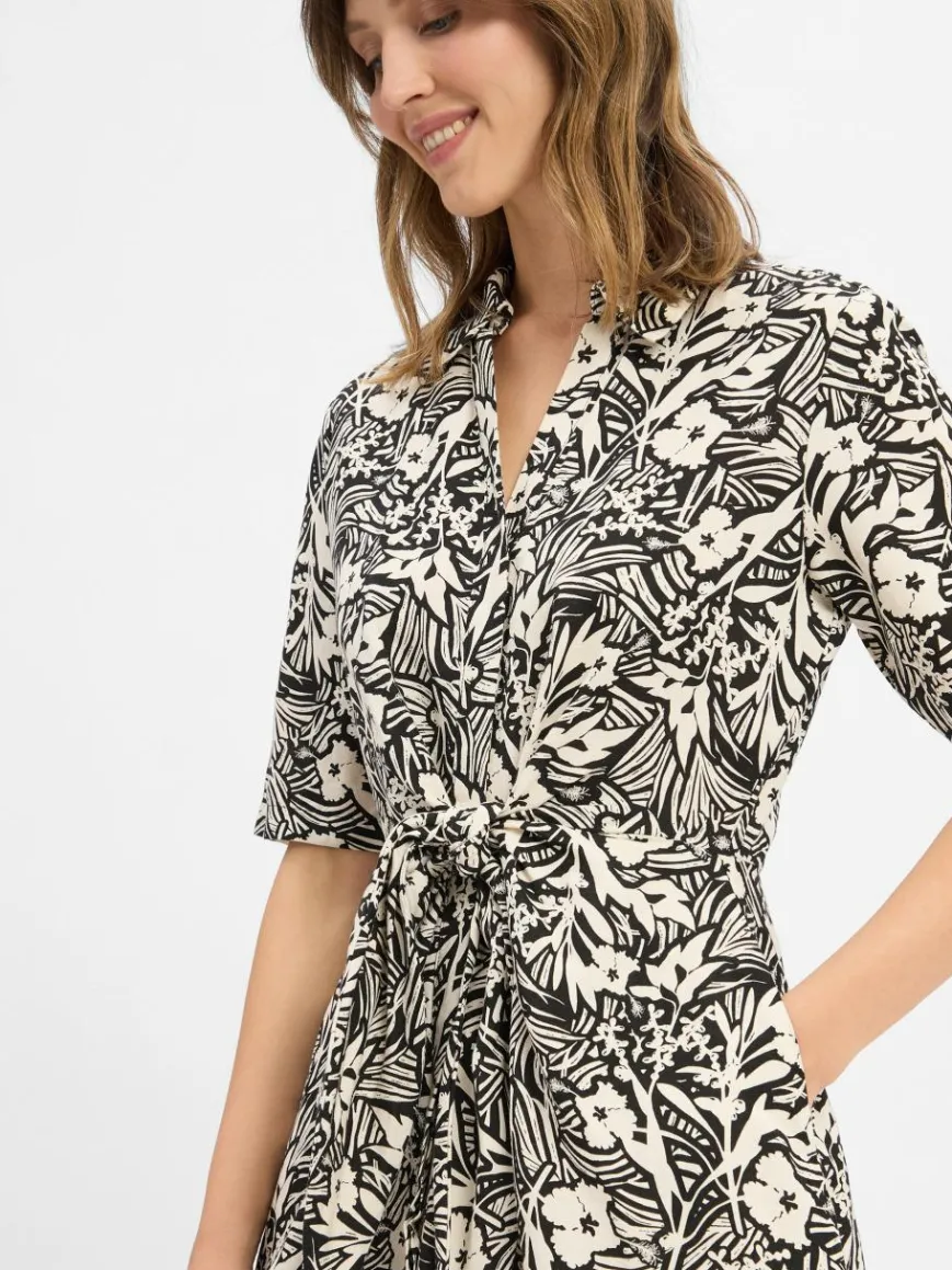 Tommy Hilfiger Kleider*Damen Blusenkleid mit Leinen-Anteil beige schwarz gemustert