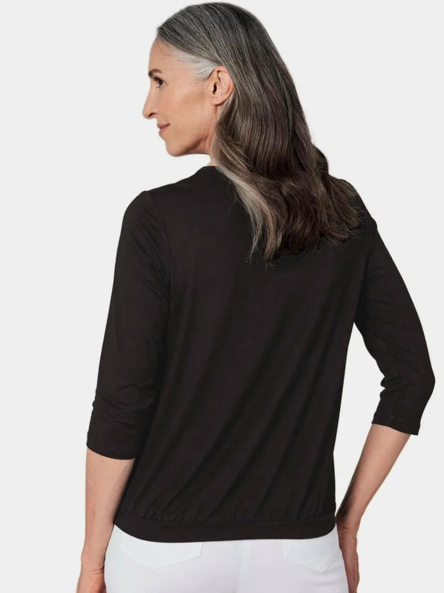 Goldner Blusen*Damen Blusenshirt - Chiffon-Shirt mit 3/4-Arm, Rundhals schwarz uni