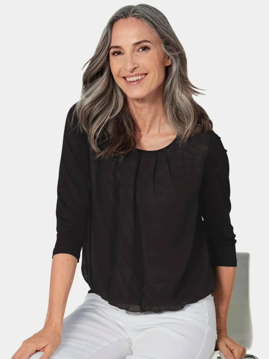 Goldner Blusen*Damen Blusenshirt - Chiffon-Shirt mit 3/4-Arm, Rundhals schwarz uni