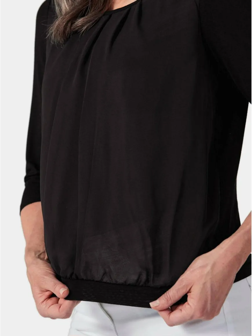 Goldner Blusen*Damen Blusenshirt - Chiffon-Shirt mit 3/4-Arm, Rundhals schwarz uni