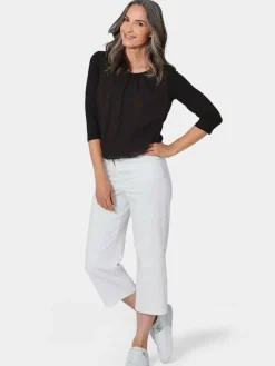 Goldner Blusen*Damen Blusenshirt - Chiffon-Shirt mit 3/4-Arm, Rundhals schwarz uni