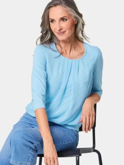 Goldner Blusen*Damen Blusenshirt - Chiffon-Shirt mit 3/4-Arm, Rundhals blau uni