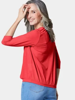 Goldner Blusen*Damen Blusenshirt - Chiffon-Shirt mit 3/4-Arm, Rundhals rot uni