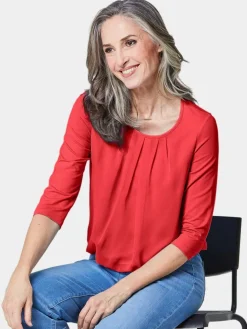 Goldner Blusen*Damen Blusenshirt - Chiffon-Shirt mit 3/4-Arm, Rundhals rot uni