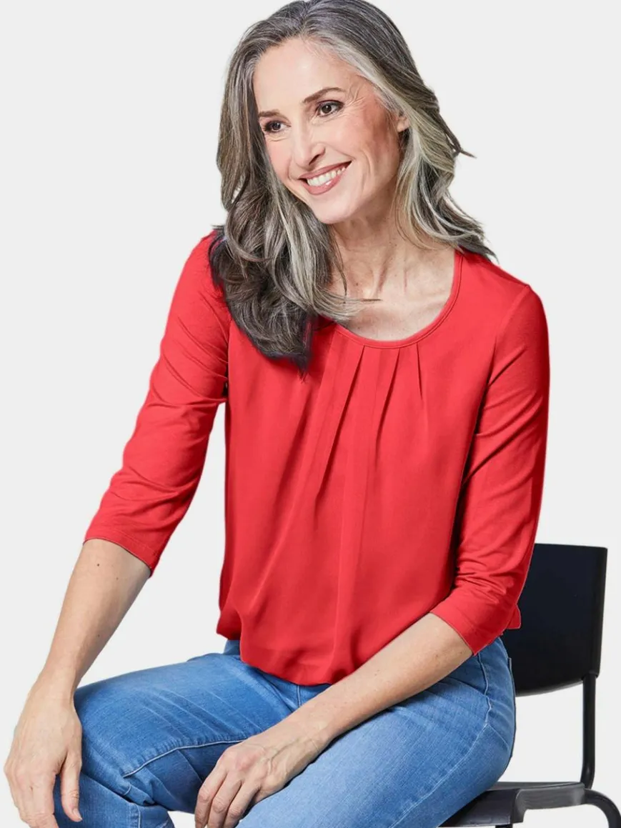 Goldner Blusen*Damen Blusenshirt - Chiffon-Shirt mit 3/4-Arm, Rundhals rot uni