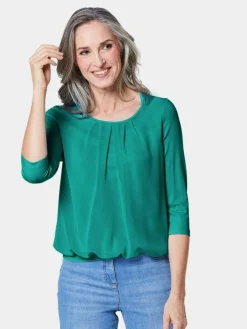 Goldner Blusen*Damen Blusenshirt - Chiffon-Shirt mit 3/4-Arm, Rundhals smaragd uni