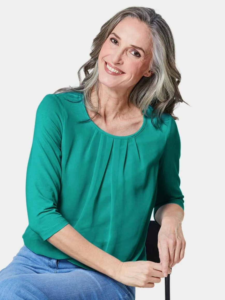 Goldner Blusen*Damen Blusenshirt - Chiffon-Shirt mit 3/4-Arm, Rundhals smaragd uni