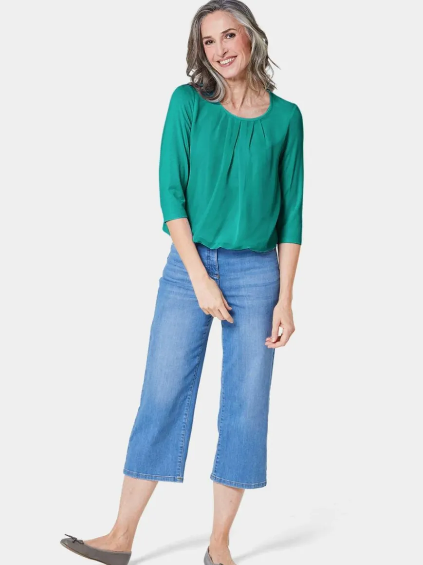 Goldner Blusen*Damen Blusenshirt - Chiffon-Shirt mit 3/4-Arm, Rundhals smaragd uni