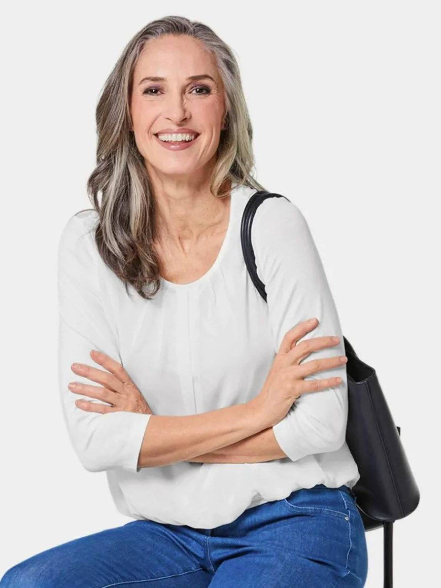 Goldner Blusen*Damen Blusenshirt - Chiffon-Shirt mit 3/4-Arm, Rundhals weiß uni