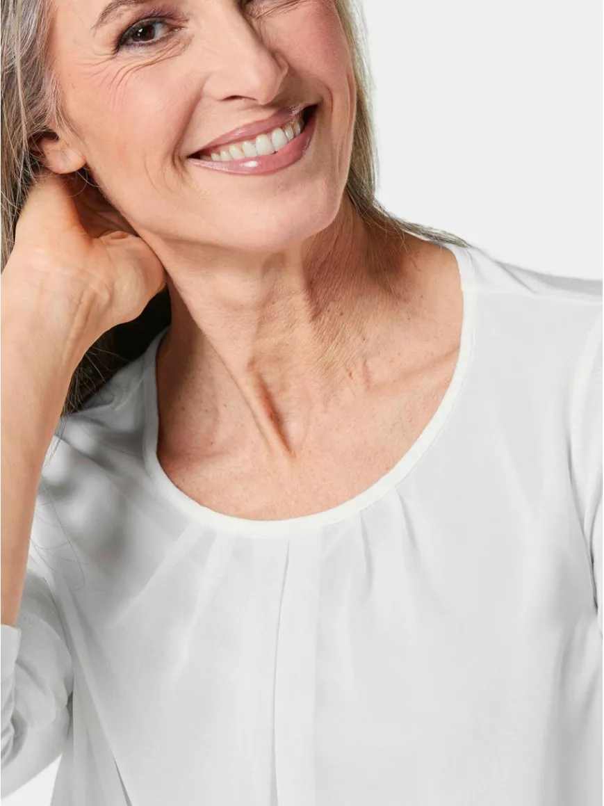 Goldner Blusen*Damen Blusenshirt - Chiffon-Shirt mit 3/4-Arm, Rundhals weiß uni
