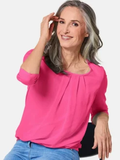 Goldner Blusen*Damen Blusenshirt - Chiffon-Shirt mit 3/4-Arm, Rundhals pink uni