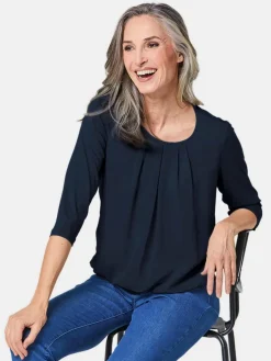 Goldner Blusen*Damen Blusenshirt - Chiffon-Shirt mit 3/4-Arm, Rundhals marine uni