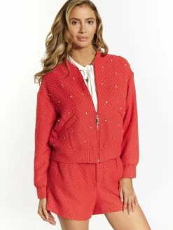 Faina Blazer*Damen Boucé Jacke mit Strass-Steinen rot uni