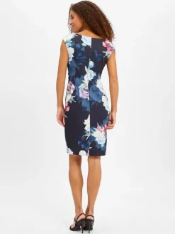 Swing Kleider*Damen Etuikleid marine weiß gemustert