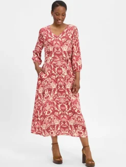 Marie Lund Kleider*Damen Freizeitkleid himbeer ecru gemustert