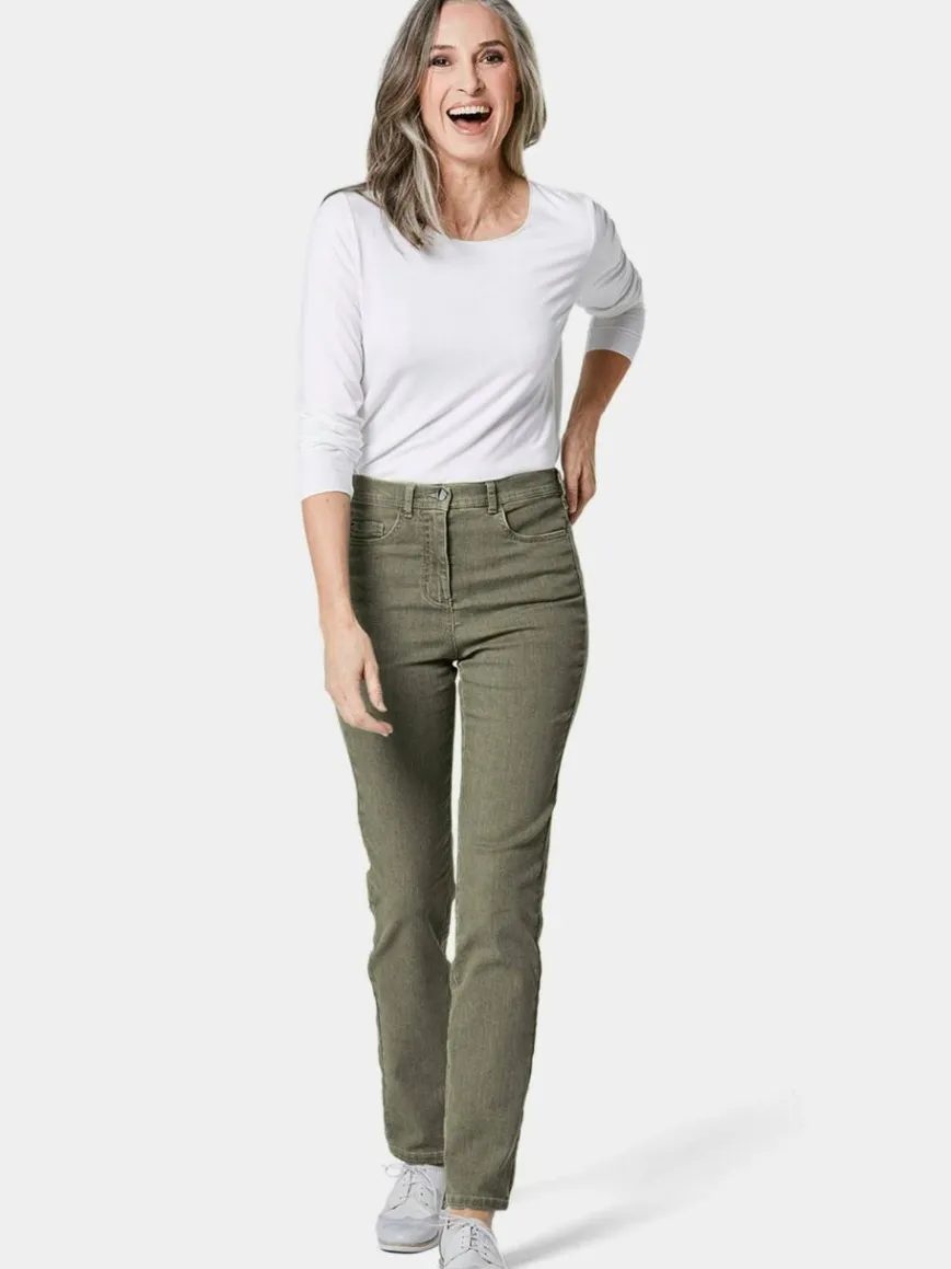 Goldner Jeans*Damen High-Stretch-Jeanshose - Damen Jeans Slim Fit LOUISA mit Stretch-Anteil grün uni