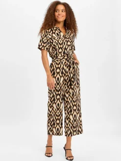 comma Hosen|Kleider*Damen Jumpsuit mit Leinen-Anteil schwarz beige gemustert