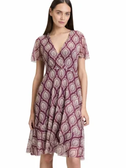 Cartoon Kleider*Damen Kleid aubergine beige gemustert