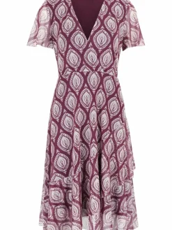 Cartoon Kleider*Damen Kleid aubergine beige gemustert