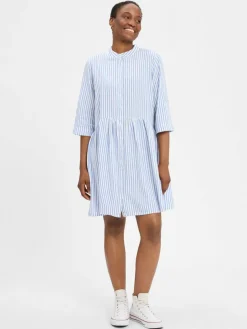 mbyM Kleider*Damen Kleid mit Leinenanteil - Albana hellblau weiß gestreift