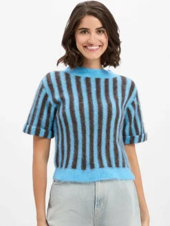 american vintage Pullover & Strickjacken*Damen Kurzarm-Pullover mit Alpaka-Anteil - Nenybay blau schoko gestreift