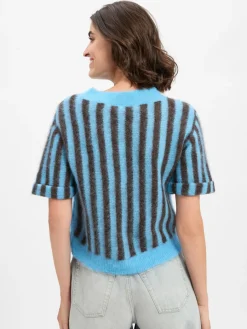 american vintage Pullover & Strickjacken*Damen Kurzarm-Pullover mit Alpaka-Anteil - Nenybay blau schoko gestreift