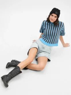 american vintage Pullover & Strickjacken*Damen Kurzarm-Pullover mit Alpaka-Anteil - Nenybay blau schoko gestreift