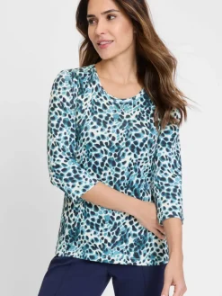 Olsen Shirts & Tops*Damen Langarmshirt - Edda türkis weiß gemustert