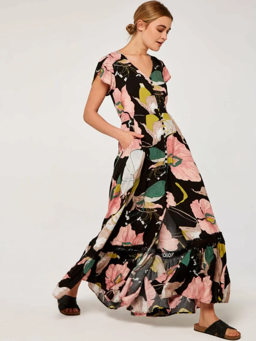 Apricot Kleider*Damen Maxikleid schwarz gemustert