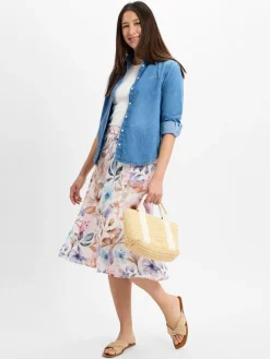 Franco Callegari Röcke*Damen Midirock mit Leinenanteil flieder weiß bedruckt