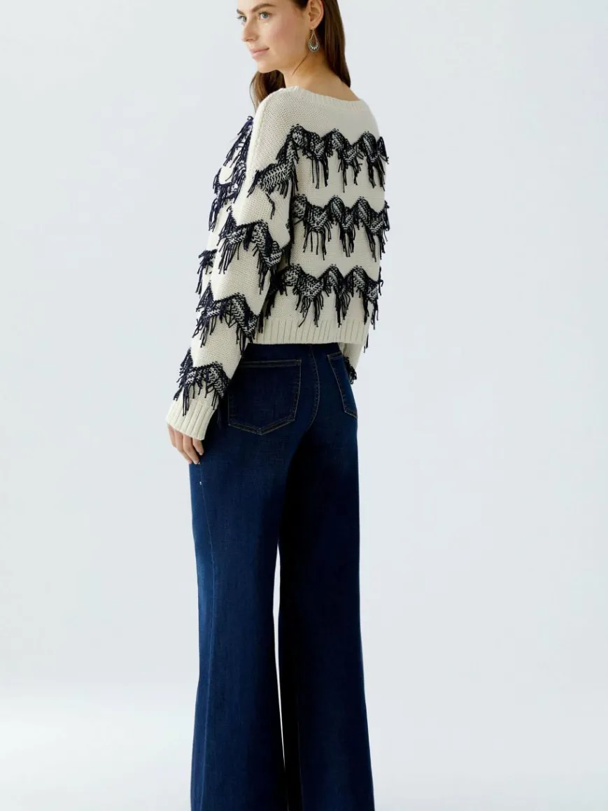 Oui Pullover & Strickjacken*Damen Pullover weiß blau gemustert