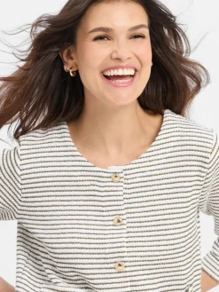 More & More Blazer*Damen Strickblazer weiß schilf gestreift