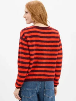 american vintage Pullover & Strickjacken*Damen Strickjacke mit Alpaka- und Leinen-Anteil rot bordeaux gestreift