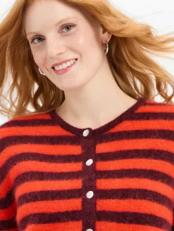 american vintage Pullover & Strickjacken*Damen Strickjacke mit Alpaka- und Leinen-Anteil rot bordeaux gestreift