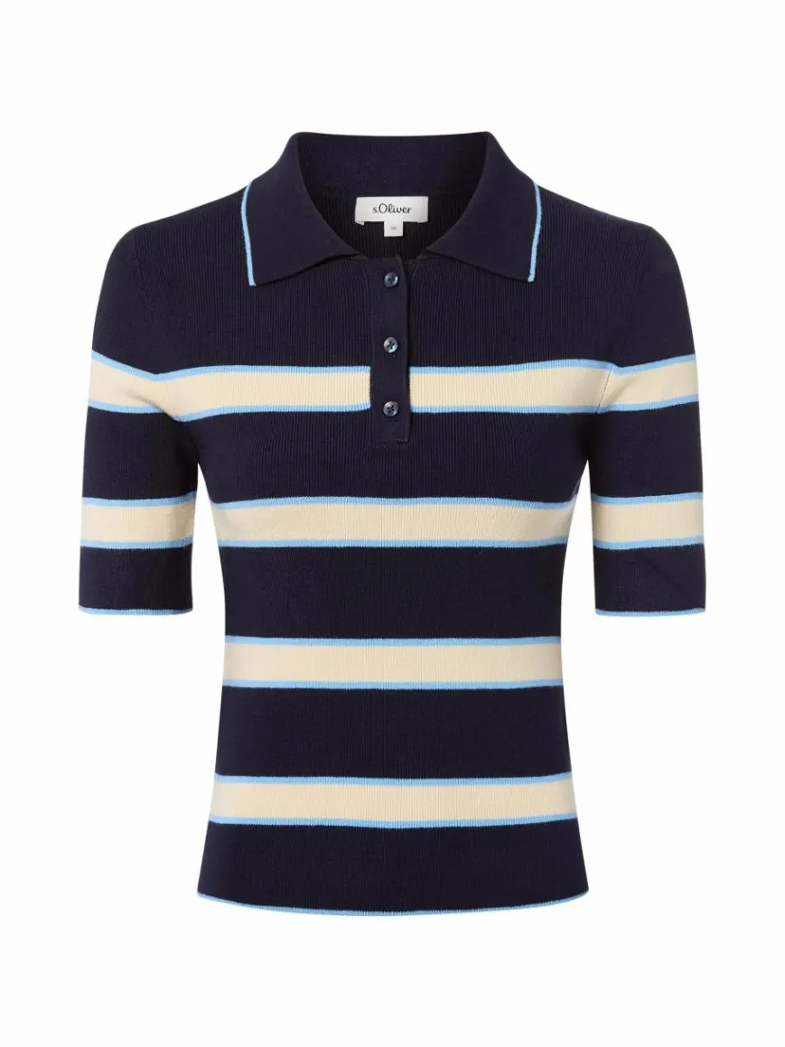 s.Oliver Pullover & Strickjacken|Shirts & Tops*Damen Strick-Poloshirt marine beige gestreift